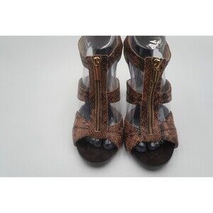 Michael Kors Berkley T-strap Chocolate Embossed Heel Sandals Front Zipper Sz 9M